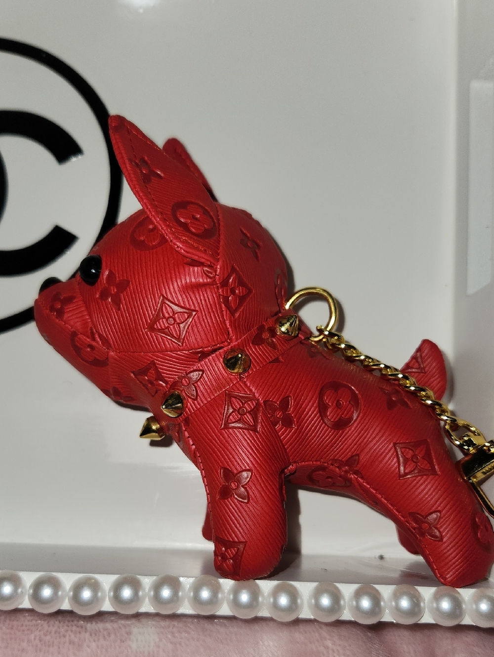 Red Embossed Dog Keychain Charm with Gold Hardware